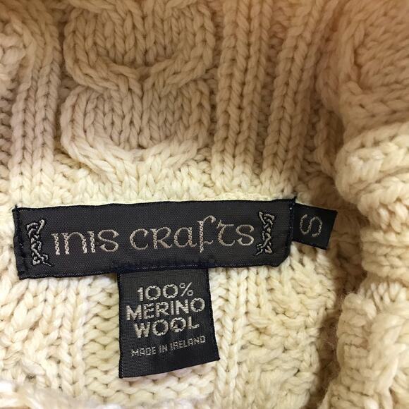 Inis Crafts Irish merino wool butter yellow S cable knit turtleneck knit sweater - Picture 3 of 9